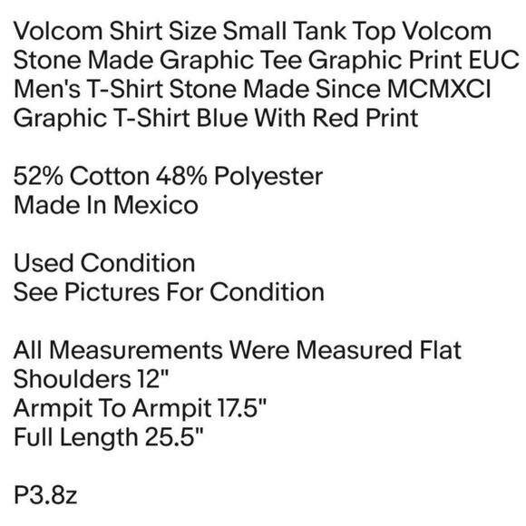 Volcom Shirt Size Small Tank Top Volcom Stone Made Graphic Tee Graphic Print EUC - Picture 2 of 5